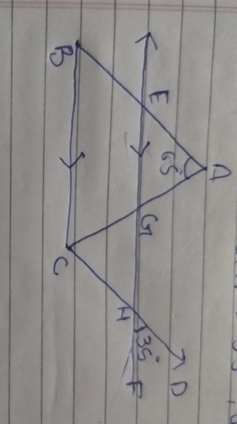 If AB ll CD , EF ll BC, angle bac = 65 and angle dhf = 35 find angle agh ​-example-1