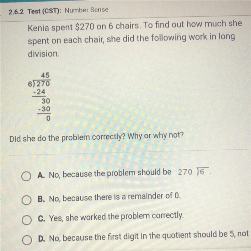 Kenia spent $270 on 6 chairs. To find out how much she spent on each chair, she did-example-1