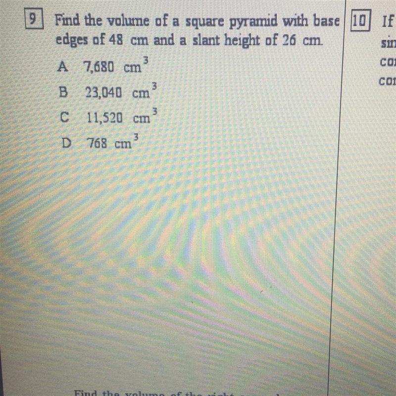 Find the volume of a square pyramid with base edges of 48 cm and a slant height of-example-1