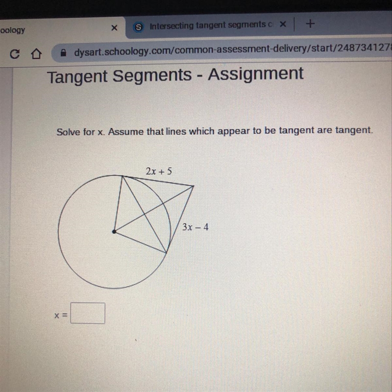 Solve for x. assume that lines which appear to be tangent are tangent-example-1