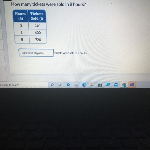 How many tickets were sold in 8 hours? Hours Tickets (h) Sold (1) 3. 240 5 400 9 720-example-1