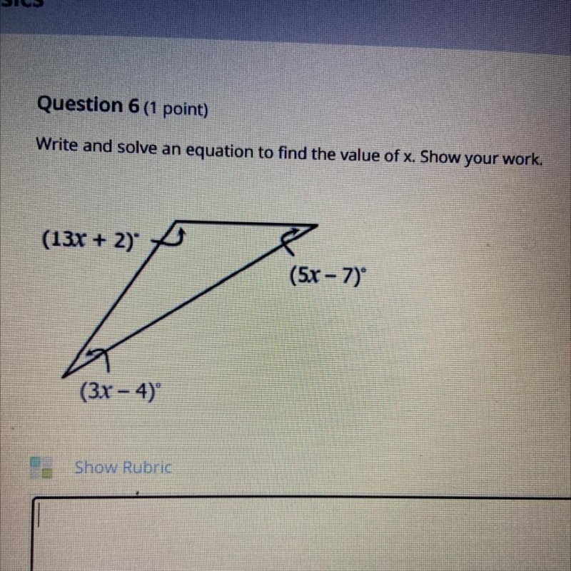 Write and solve an equation to find the value of x. Show your work. (13x + 2)° (5x-example-1