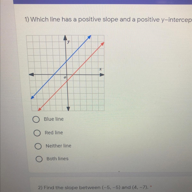 1) Which line has a positive slope and a positive y-intercept?-example-1