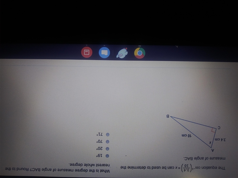 The equation cos -1 (3.4/10)=x can be used to determine the measure of angle BAC what-example-1