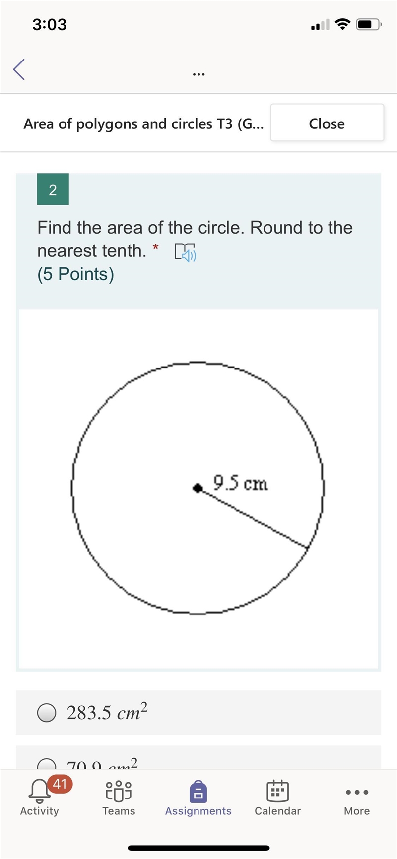 Find the area of the circle. Round to the nearest tenth.-example-1