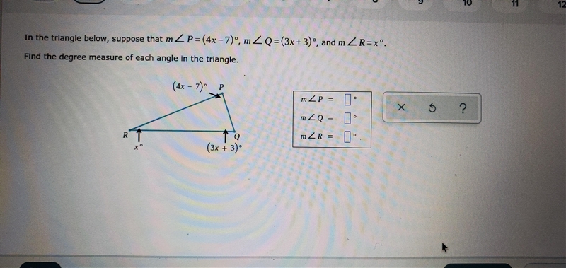 Find the degree measure of each angle in tbr triangle-example-1