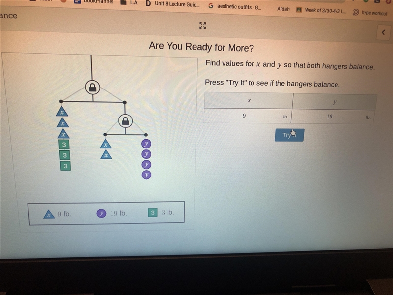 Write out the equations from the picture than find the x and y so both hangers are-example-1