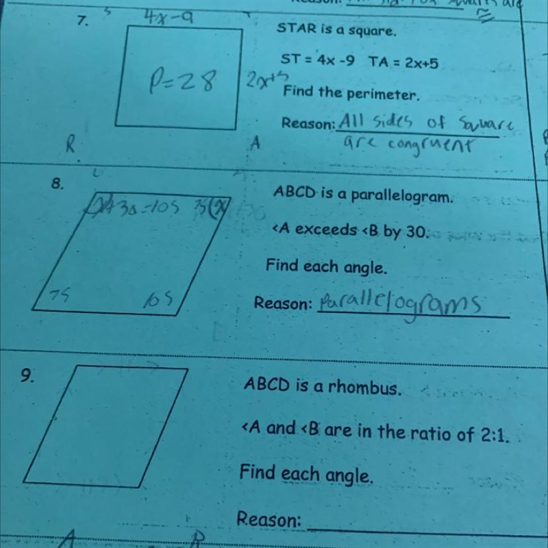 9 . ABCD is a rhombus. Find each angle. Reason: Plz answer ASAP, thank you-example-1