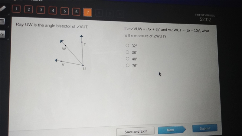 If angle vuw = 4x+6 and wut = 6x+10 what is the measure of wut-example-1