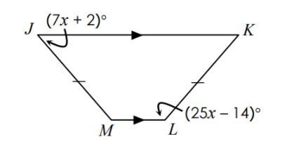 Please Help! The following is an isosceles trapezoid, find m < J-example-1