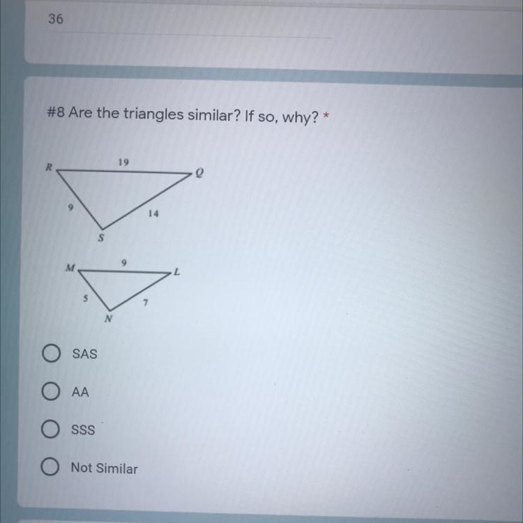 Are the triangles similar? If so, why?-example-1