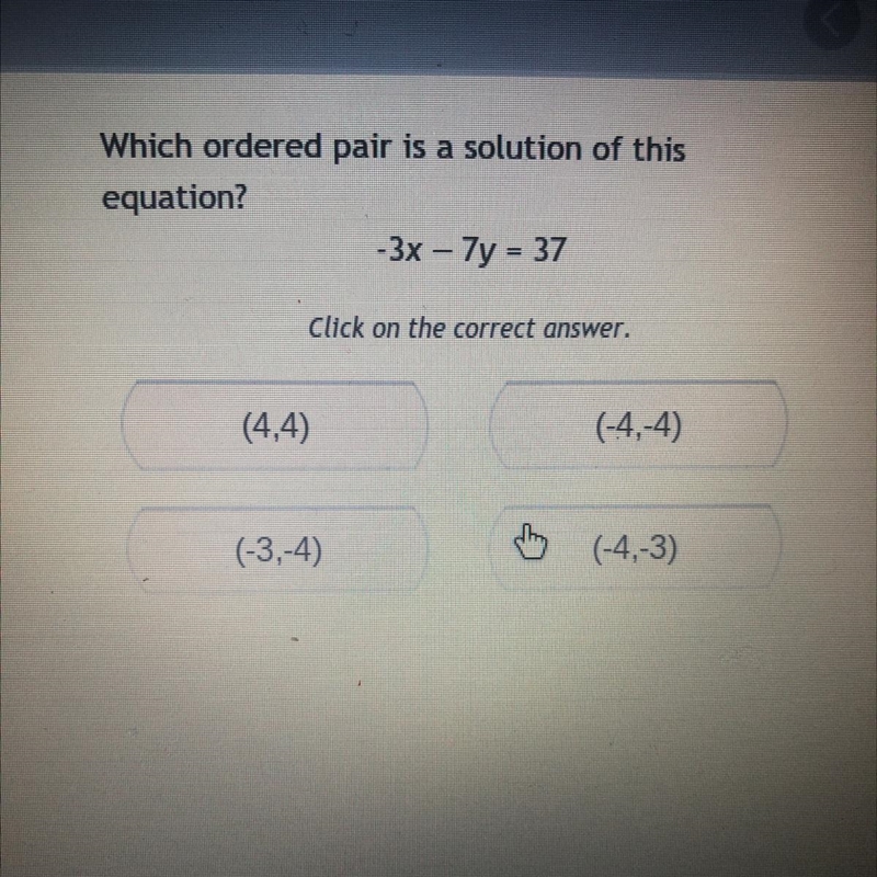 Which ordered pair is a solution of this equation? 3x – 7y = 37-example-1