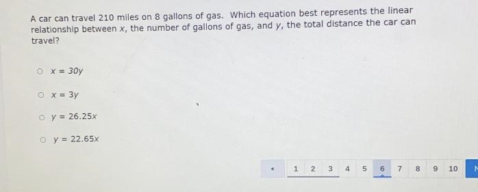 A car can travel 210 miles on 8 gallons of gas. Which equation best represents the-example-1