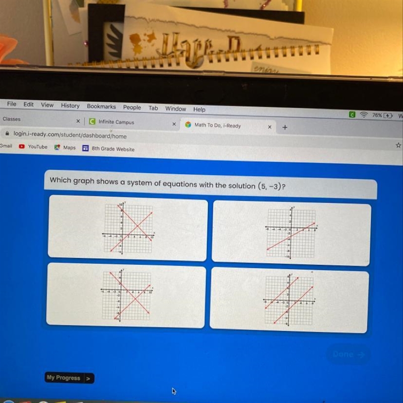 Which graph shows a system of equations with the solution (5, -3)?-example-1