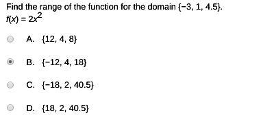 Find the range of the function for the domain {−3, 1, 4.5}. f(x) = 2x^2-example-1