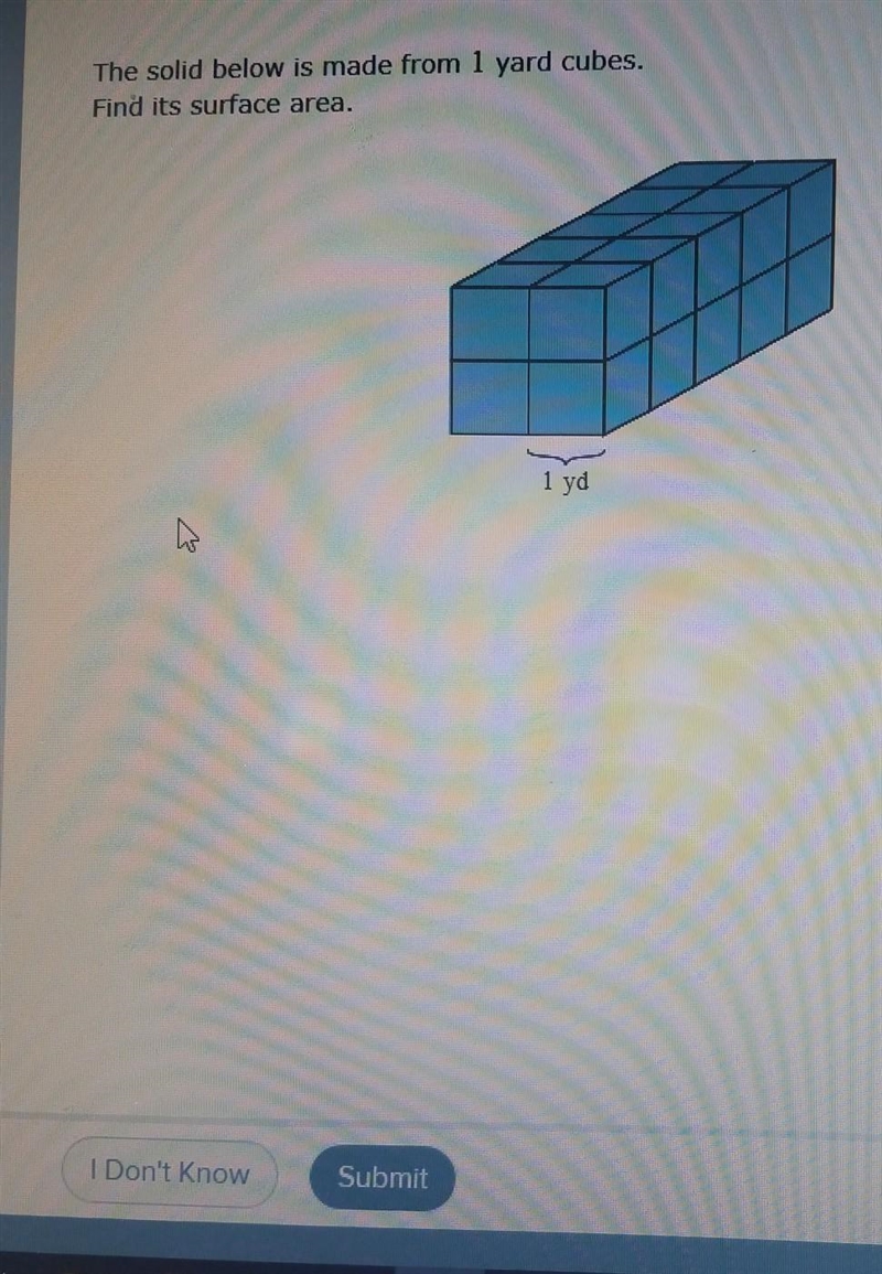 The solid below is made from 1 yard cubes. find it's surface area​-example-1