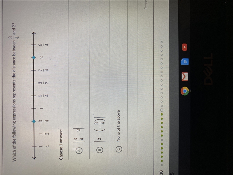 Which of the following expressions represents the distance between 3/4 and 2?-example-1
