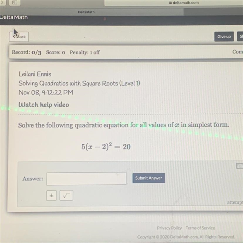 Solve the following quadratic equation for all value of c i'm simplest form 5(x-2)^2=20-example-1