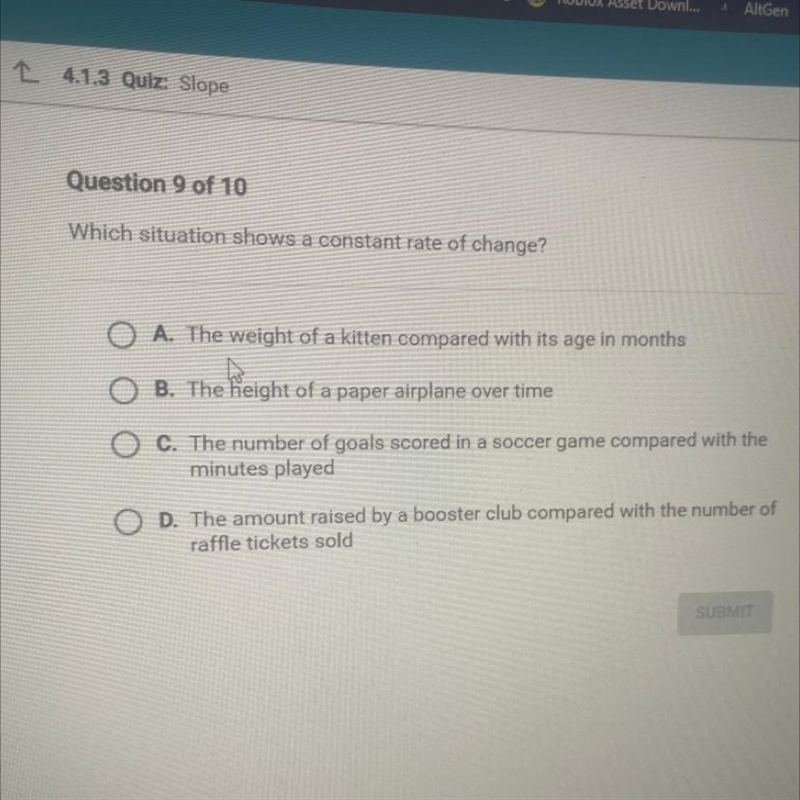 Which situation shows a constant rate of change.-example-1