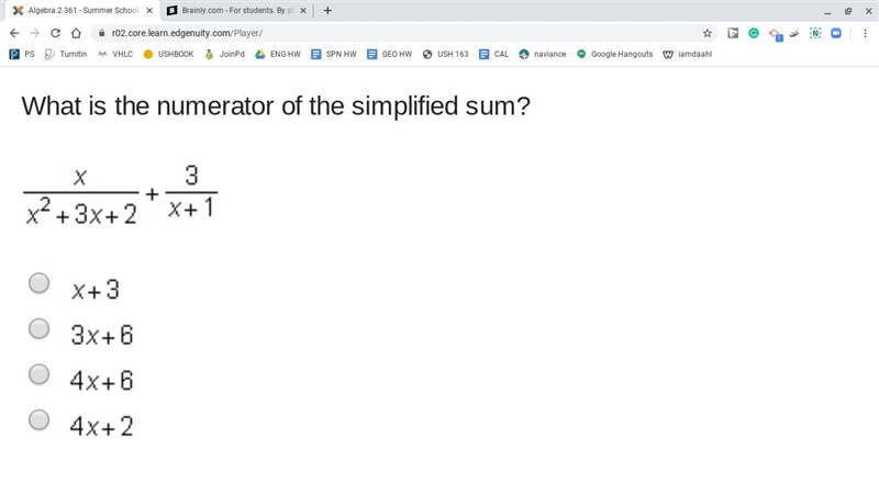 What is the numerator of the simplified sum? StartFraction x Over x squared + 3 x-example-1