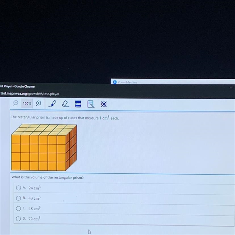 The rectangular prism is made up of cubes that measure 1 cm each. What is the volume-example-1