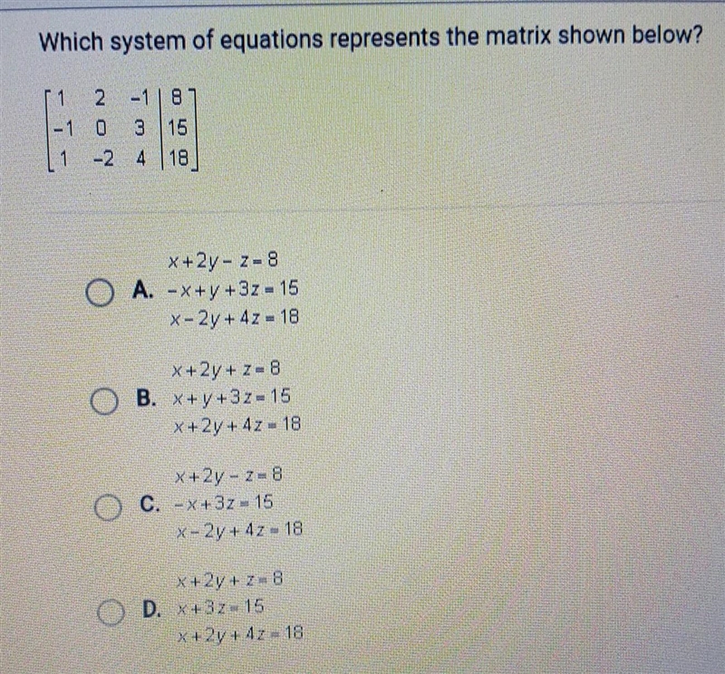 Which system of equations represents the matrix shown in the picture!!?​-example-1