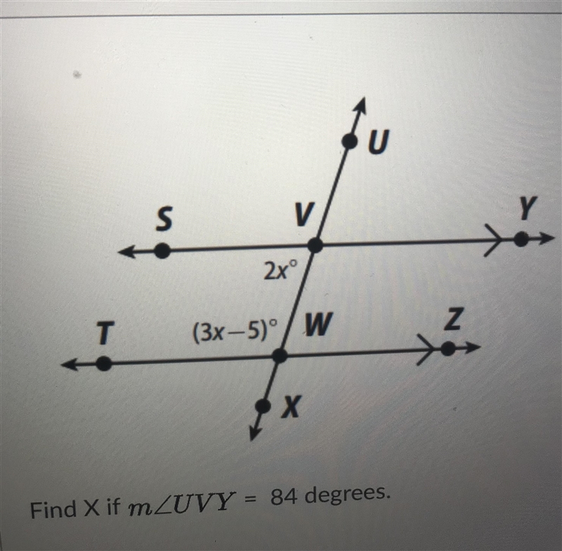 Find X if m/angle UVY=84 degrees.-example-1