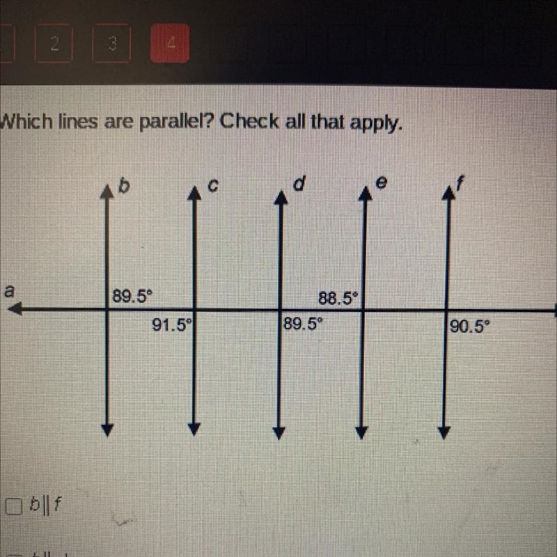 Which lines are parallel? Check all that apply A: B||F B: B||D C: C||E D: C||D E: D-example-1