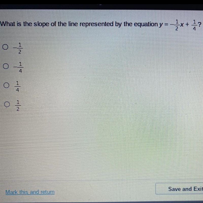 What is the slope of the line represented by the equation y=1/2x+1/4?-example-1