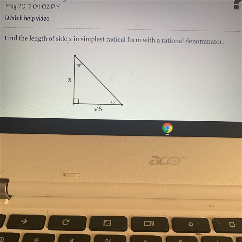 Find the length of side x in simplest radical form with rational denminator-example-1