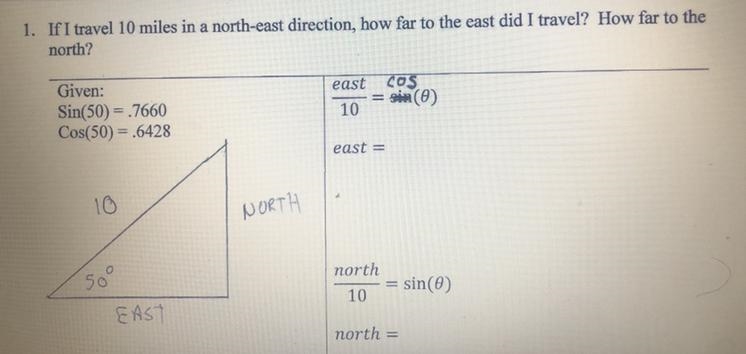 if I travel 10 miles in a north-east direction, how far to the east did I travel? How-example-1