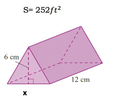 Solve for x given the surface area, S, of the prisms or cylinders below. The triangles-example-1