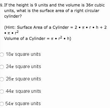 If the height is 9 units and the volume is 36 cubic units, what is the surface area-example-1