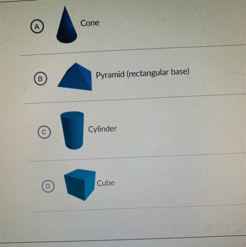 Which object shown below could we slice perpendicular to its base/face to create a-example-1