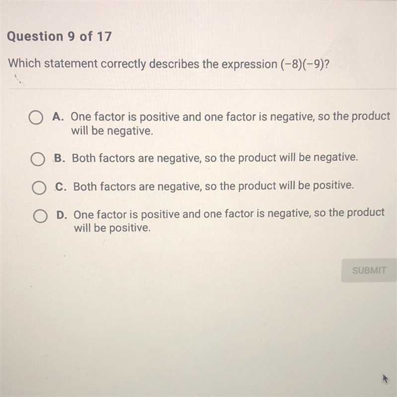 Which statement correctly describes the expression (-8)(-9)?-example-1