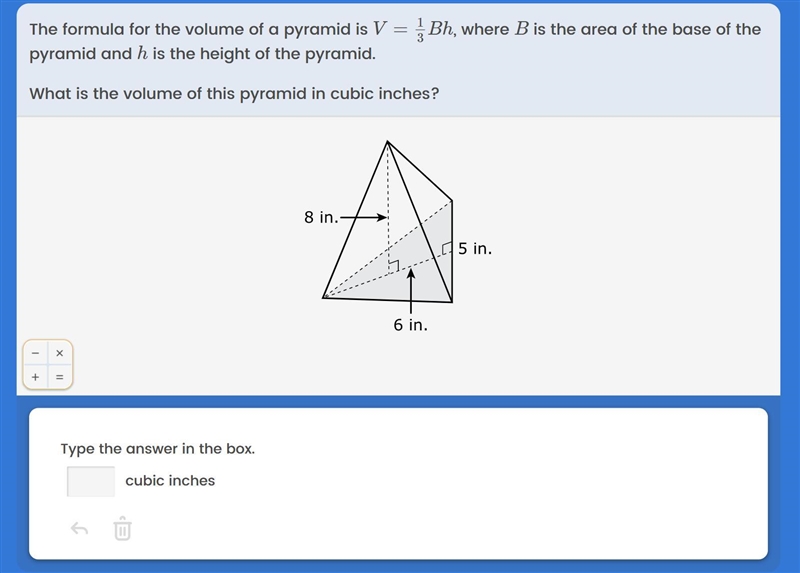 The formula for the volume of a pyramid is V = 1/3Bh, where B is the area of the base-example-1