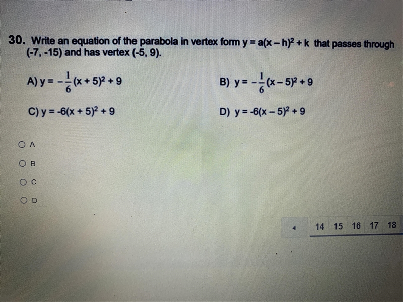 Write an equation of the parabola in vertex from y=a(x-h)^2 +k that passes through-example-1