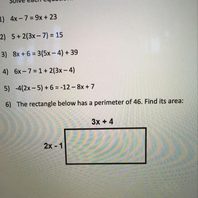 6) The rectangle below has a perimeter of 46. Find its area:-example-1