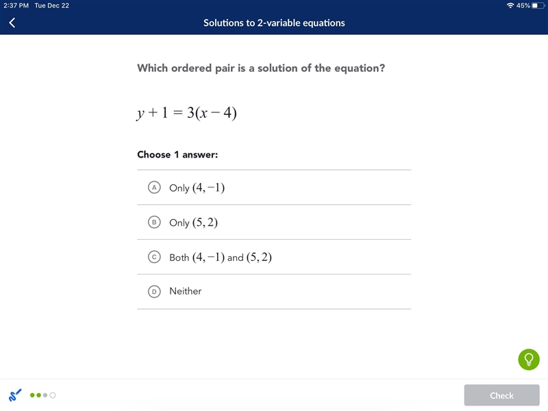 Which ordered pair is a solution of the equation y+1=3(x-4)-example-1