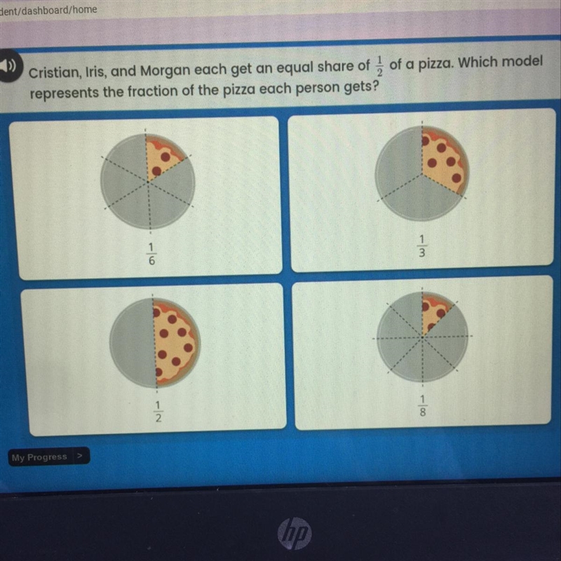 Cristian, iris, and Morgan each get an equal share of 1/2 of a pizza. Which model-example-1