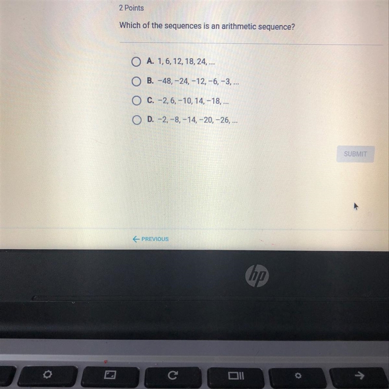 Which of the sequences is an arithmetic sequence? I need help!!!!-example-1