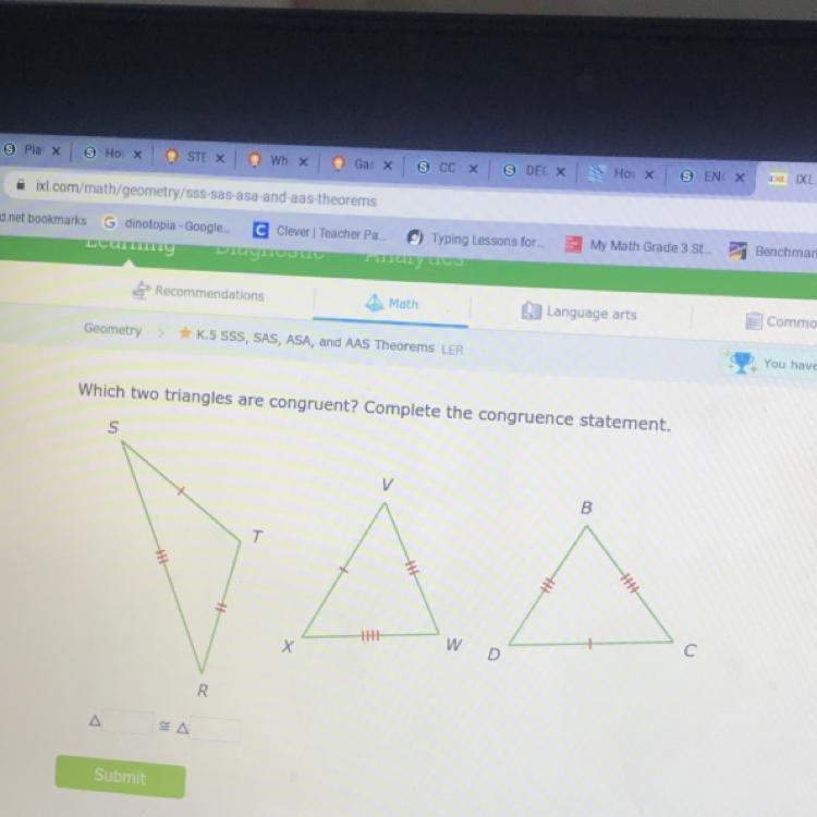 Which two triangles are congruent? Complete the congruence statement.-example-1