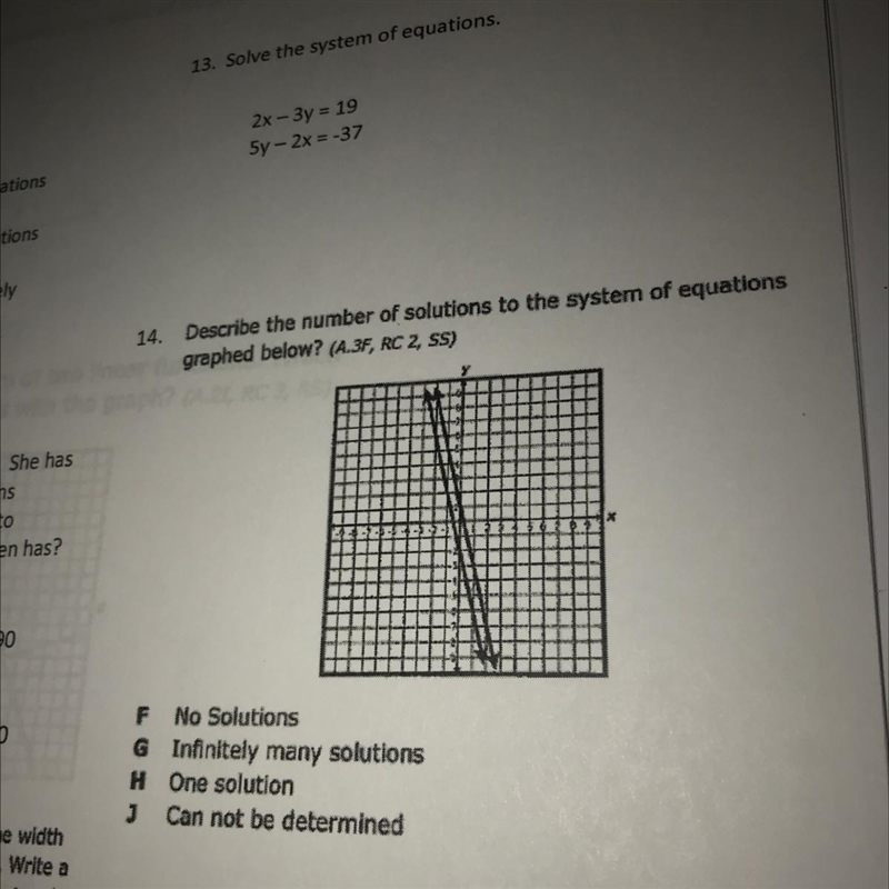 14. Describe the number of solutions to the system of equations graphed below? (A-example-1