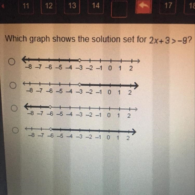 Which graph shows the solution set for 2x+3>-9 Look at the picture-example-1