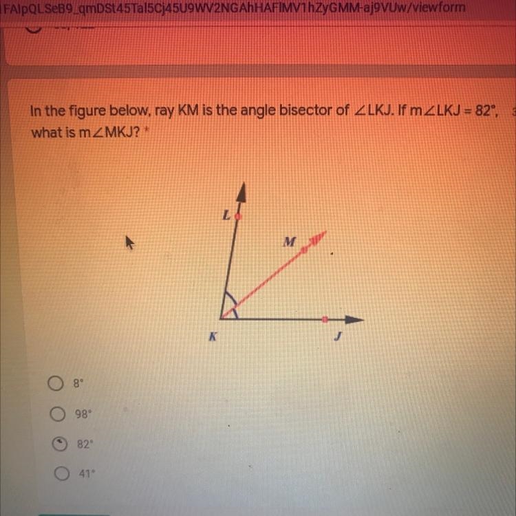 In the figure below, ray KM is the angle bisector of ZLKJ. If MZLKJ = 82", what-example-1