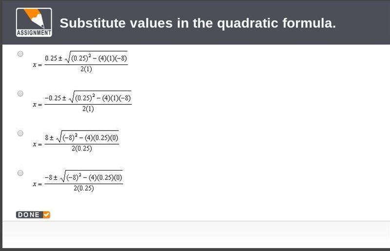 Choose the equation that represents the solutions of 0 = 0.25x2 - 8x.-example-1