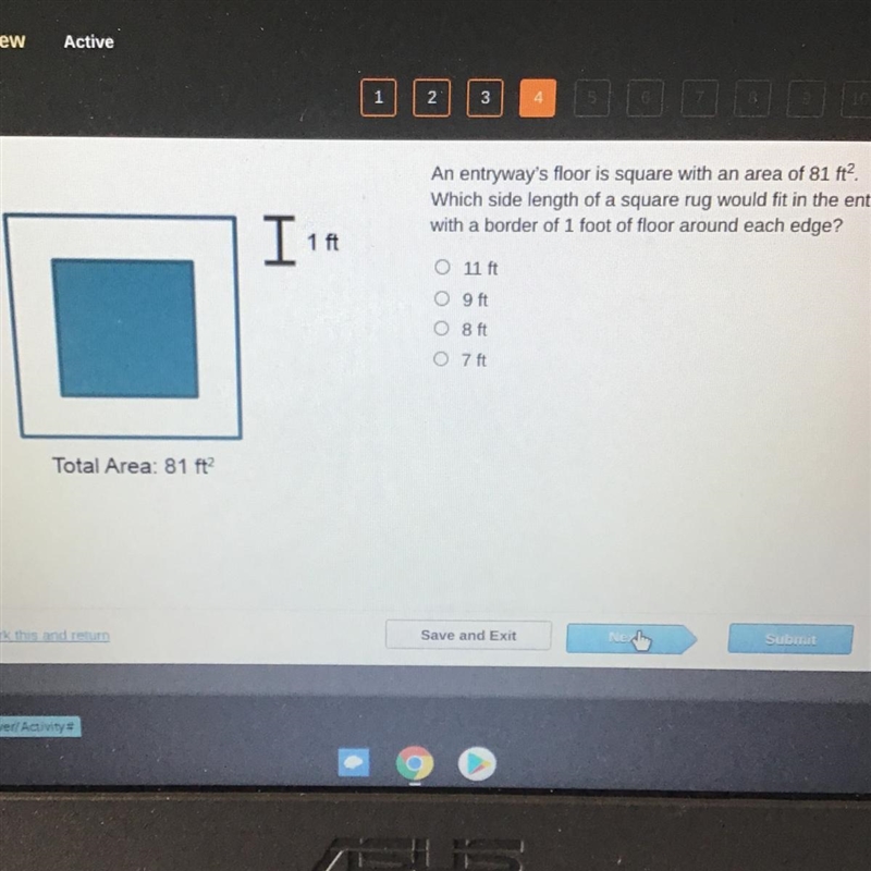 And entryway floor is square with an area of 81 feet^2 which side length of a square-example-1