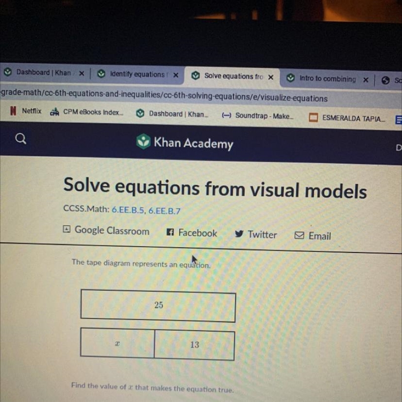 The tape diagram represents an equation. 25 2 13 Find the value of r that makes the-example-1