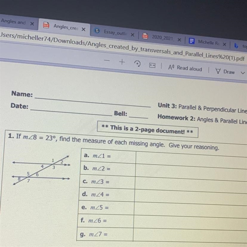 1. If m28 = 23°, find the measure of each missing angle. Give your reasoning. a. m-example-1