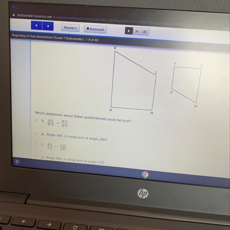 Quadrilateral KLMN is similar to quadrilateral WXYZ. Which statement about these quadrilaterals-example-1